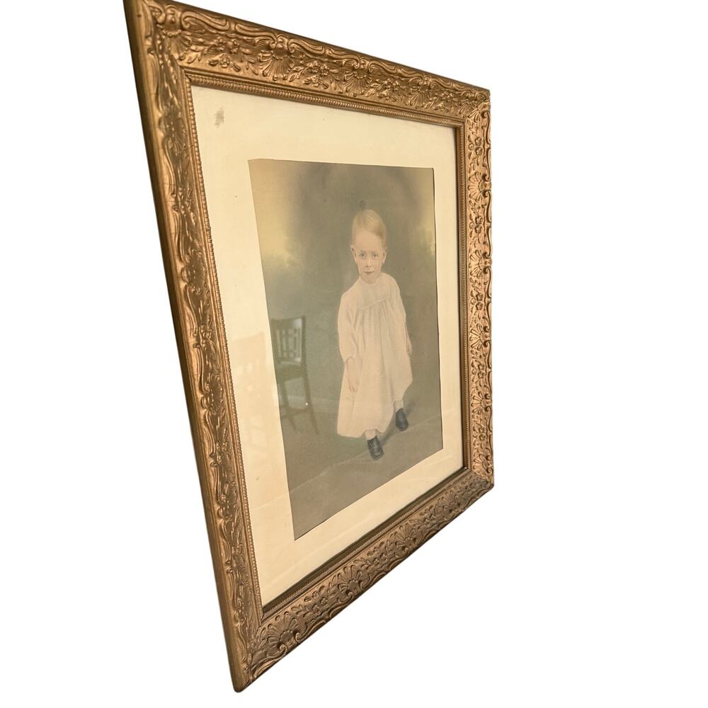 Antique Hand-Tinted Photographic Portrait of Young Child in Ornate Gilt  Frame